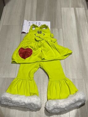 Grinch Bright Lime Green Heart Ruffle Two-Piece Outfit